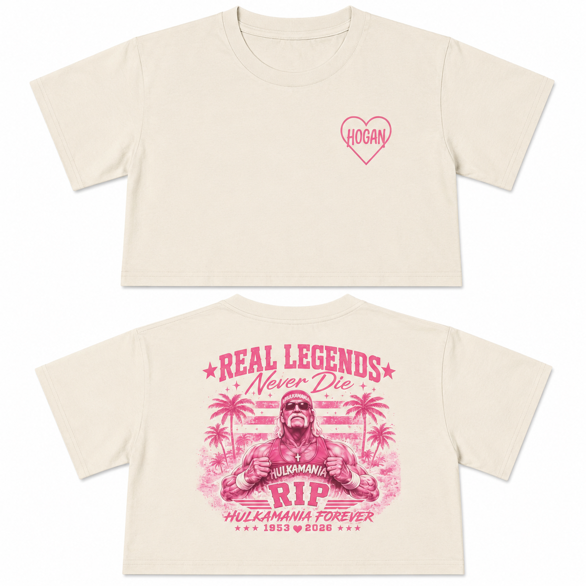Women's Crop Tee — 'Real Legends Never Die' RIP Retro Pink Graphic