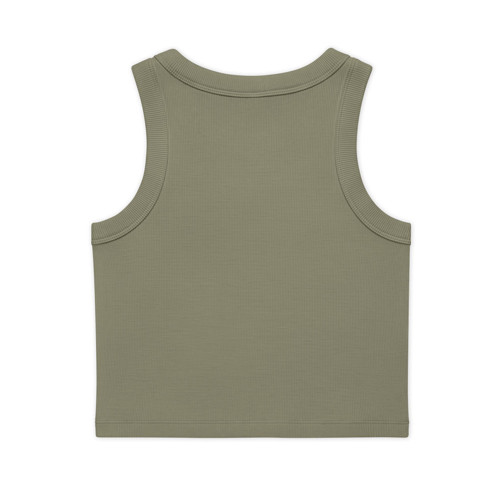 Organic Rib Crop Tank — "My Safe Word Is Feet in Straps" Pilates Skeleton Graphic